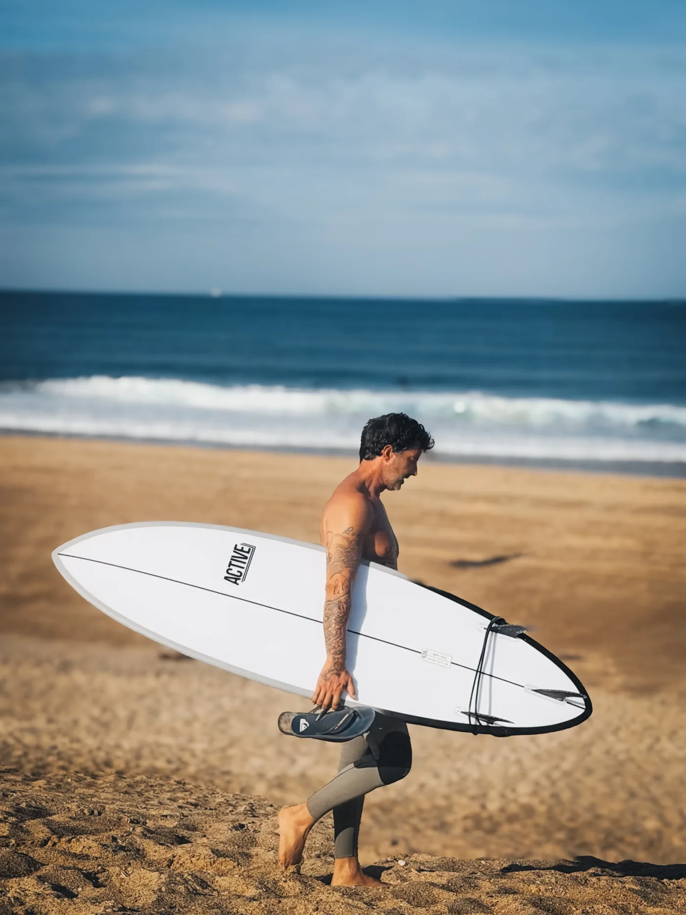 Manuel marche sur la plage, sa planche de surf sous le bras, face à l'océan